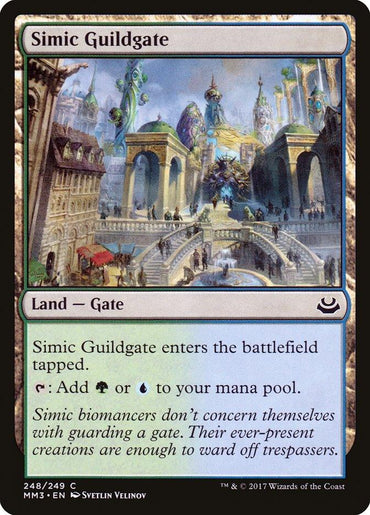 The Magic: The Gathering card "Simic Guildgate [Modern Masters 2017]" showcases a detailed illustration of a grand gate adorned with elaborate architecture, cascading waterfalls, and lush vegetation. The text box describes its role as a Land — Gate and features flavor text about Simic biomancers.