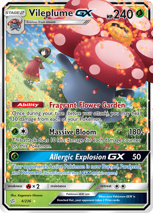 A Pokémon trading card for the Vileplume GX (4/236) from the Sun & Moon: Cosmic Eclipse series by Pokémon. It has 240 HP and features abilities like Fragrant Flower Garden, Massive Bloom, and Allergic Explosion GX. The image depicts Vileplume, a large flower Pokémon, standing next to a girl in a red dress in a vibrant garden.