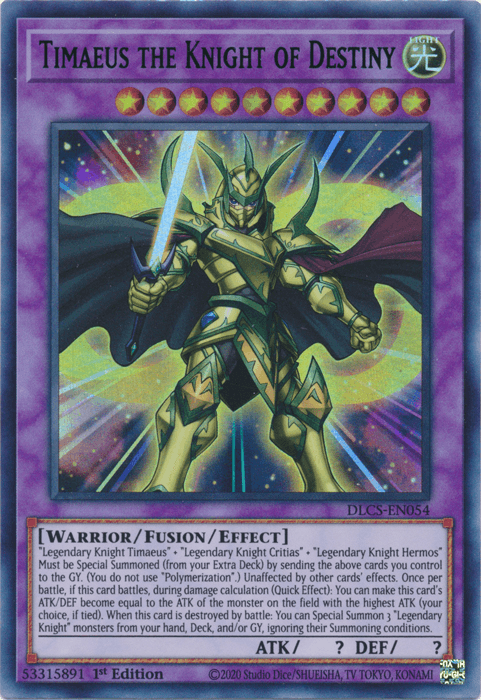 A Yu-Gi-Oh! trading card titled "Timaeus the Knight of Destiny (Purple) [DLCS-EN054] Ultra Rare." This Legendary Knight Timaeus is a warrior-type Fusion/Effect Monster in gold armor, holding a radiant sword with beams of light. The blue and purple background features magical symbols. Both ATK/DEF stats are "?" and its set ID reads "DLCS-EN054".