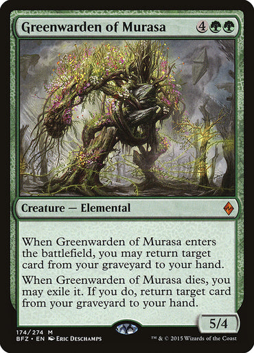 A Magic: The Gathering card called "Greenwarden of Murasa [Battle for Zendikar]" features as a Mythic Creature Elemental. This formidable card requires 4 colorless and 2 green mana to cast. It showcases a tree-like creature adorned with branches and vines, possessing abilities that involve returning cards from the graveyard. Its power/toughness is rated at 5/4.