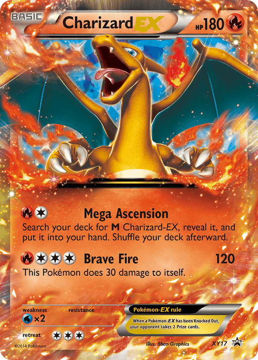 A vibrant Pokémon trading card features Charizard EX (XY17) [XY: Black Star Promos] with 180 HP. Charizard is depicted soaring with its mouth open, releasing flames. The card details two moves: Mega Ascension and Brave Fire. This fire-themed promo from Pokémon has a background of dynamic red and orange hues and an accessible retreat cost.
