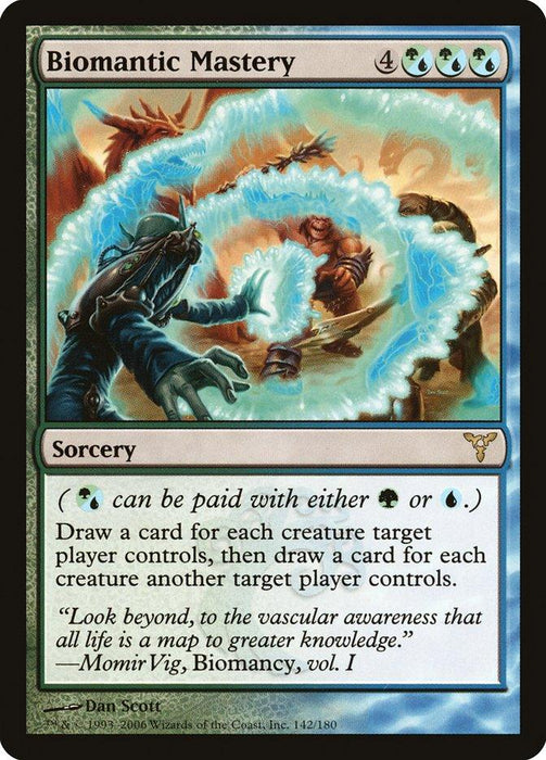 Biomantic Mastery [Dissension]," a multicolored Rare Sorcery from the Magic: The Gathering set, requires 4 mana and blue/green hybrid mana. This powerful card allows you to draw cards for each creature target player controls, then also for each creature another target player controls.