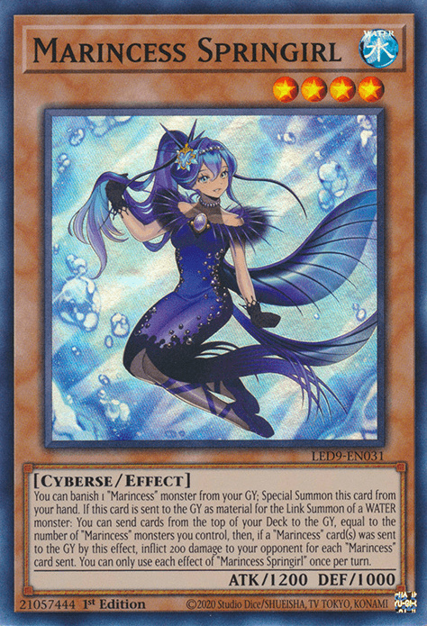 The image shows a Yu-Gi-Oh! trading card named "Marincess Springirl [LED9-EN031] Super Rare." This Legendary Duelists card features an anime-style aquatic female character in a dark blue and purple outfit adorned with fins and bubbles. Surrounded by a watery aura with a blue background, the Effect Monster has attributes "Cyverse/Effect" with ATK 1200 and DEF 1000.